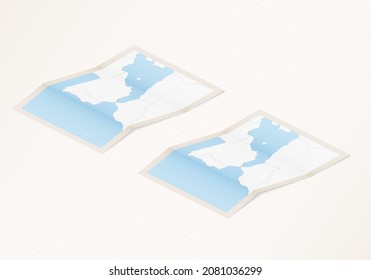 Two versions of a folded map of Gibraltar with the flag of the country of Gibraltar and with the red color highlighted. Set of isometric vector maps.