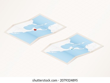 Two versions of a folded map of Guatemala with the flag of the country of Guatemala and with the red color highlighted. Set of isometric vector maps.