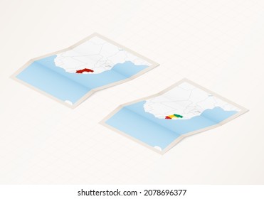 Two versions of a folded map of Guinea with the flag of the country of Guinea and with the red color highlighted. Set of isometric vector maps.