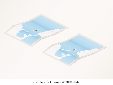 Two versions of a folded map of Haiti with the flag of the country of Haiti and with the red color highlighted. Set of isometric vector maps.