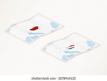Two versions of a folded map of Hungary with the flag of the country of Hungary and with the red color highlighted. Set of isometric vector maps.