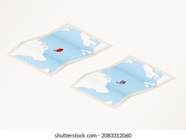 Zwei Versionen einer gefalteten Karte von Island mit der Flagge des Landes Island und mit der roten Farbe hervorgehoben. Satz isometrischer Vektorkarten.