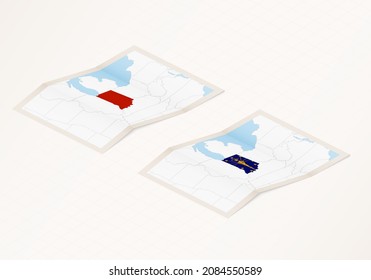 Zwei Versionen einer gefalteten Karte von Indiana mit der Flagge des Landes Indiana und mit der roten Farbe hervorgehoben. Satz isometrischer Vektorkarten.