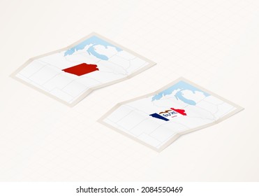 Two versions of a folded map of Iowa with the flag of the country of Iowa and with the red color highlighted. Set of isometric vector maps.