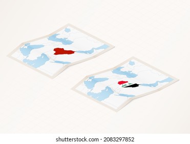 Two versions of a folded map of Iraq with the flag of the country of Iraq and with the red color highlighted. Set of isometric vector maps.