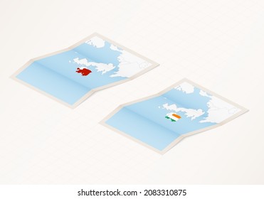 Two versions of a folded map of Ireland with the flag of the country of Ireland and with the red color highlighted. Set of isometric vector maps.