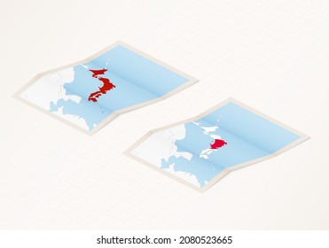 Dos versiones de un mapa doblado de Japón con la bandera del país de Japón y con el color rojo resaltado. Conjunto de mapas vectoriales isométricos.