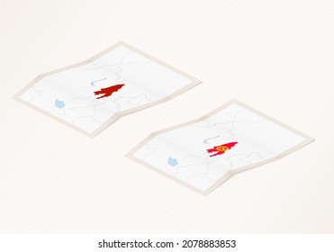 Two versions of a folded map of Kyrgyzstan with the flag of the country of Kyrgyzstan and with the red color highlighted. Set of isometric vector maps.