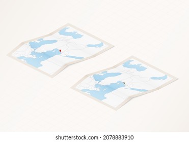 Dos versiones de un mapa doblado del Líbano con la bandera del país del Líbano y con el color rojo resaltado. Conjunto de mapas vectoriales isométricos.