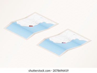 Zwei Versionen einer gefalteten Karte von Liberia mit der Flagge des Landes Liberia und mit der roten Farbe hervorgehoben. Satz isometrischer Vektorkarten.