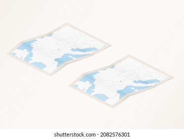 Two versions of a folded map of Liechtenstein with the flag of the country of Liechtenstein and with the red color highlighted. Set of isometric vector maps.