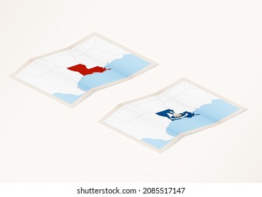 Two versions of a folded map of Louisiana with the flag of the country of Louisiana and with the red color highlighted. Set of isometric vector maps.