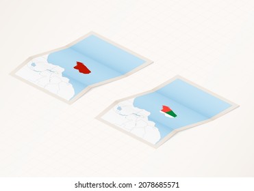Two versions of a folded map of Madagascar with the flag of the country of Madagascar and with the red color highlighted. Set of isometric vector maps.