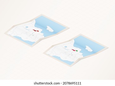 Two versions of a folded map of Malawi with the flag of the country of Malawi and with the red color highlighted. Set of isometric vector maps.