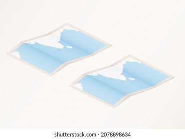 Two versions of a folded map of Maldives with the flag of the country of Maldives and with the red color highlighted. Set of isometric vector maps.