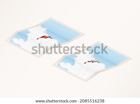 Two versions of a folded map of Maryland with the flag of the country of Maryland and with the red color highlighted. Set of isometric vector maps.