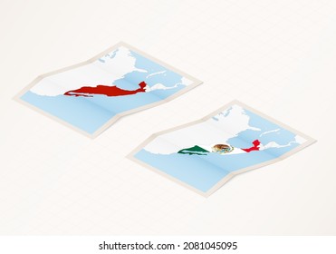Two versions of a folded map of Mexico with the flag of the country of Mexico and with the red color highlighted. Set of isometric vector maps.