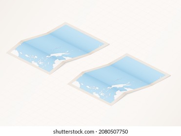 Two versions of a folded map of Micronesia with the flag of the country of Micronesia and with the red color highlighted. Set of isometric vector maps.