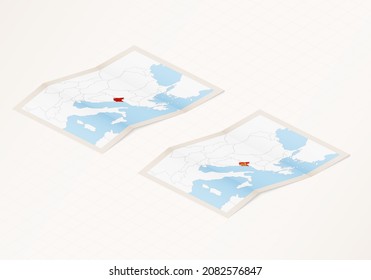 Two versions of a folded map of Montenegro with the flag of the country of Montenegro and with the red color highlighted. Set of isometric vector maps.