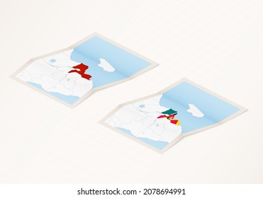 Dos versiones de un mapa doblado de Mozambique con la bandera del país de Mozambique y con el color rojo resaltado. Conjunto de mapas vectoriales isométricos.