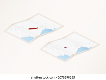 Dos versiones de un mapa doblado de Nepal con la bandera del país de Nepal y con el color rojo resaltado. Conjunto de mapas vectoriales isométricos.