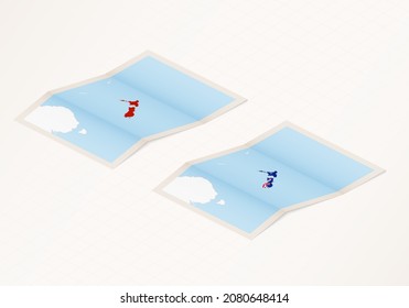 Two versions of a folded map of New Zealand with the flag of the country of New Zealand and with the red color highlighted. Set of isometric vector maps.