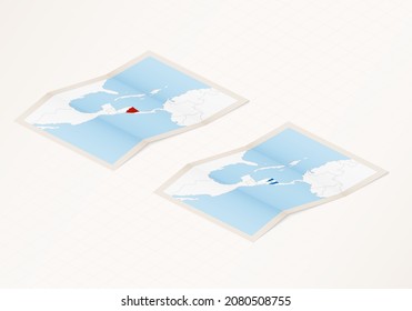Dos versiones de un mapa doblado de Nicaragua con la bandera del país de Nicaragua y con el color rojo resaltado. Conjunto de mapas vectoriales isométricos.