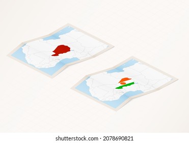 Two versions of a folded map of Niger with the flag of the country of Niger and with the red color highlighted. Set of isometric vector maps.