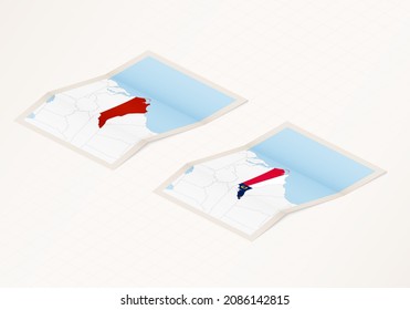 Dos versiones de un mapa doblado de Carolina del Norte con la bandera del país de Carolina del Norte y con el color rojo resaltado. Conjunto de mapas vectoriales isométricos.