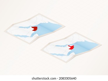 Two versions of a folded map of Oman with the flag of the country of Oman and with the red color highlighted. Set of isometric vector maps.