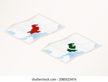 Dos versiones de un mapa doblado de Pakistán con la bandera del país de Pakistán y con el color rojo resaltado. Conjunto de mapas vectoriales isométricos.