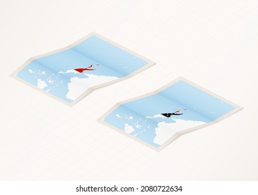 Two versions of a folded map of Papua New Guinea with the flag of the country of Papua New Guinea and with the red color highlighted. Set of isometric vector maps.