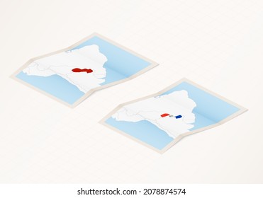 Two versions of a folded map of Paraguay with the flag of the country of Paraguay and with the red color highlighted. Set of isometric vector maps.