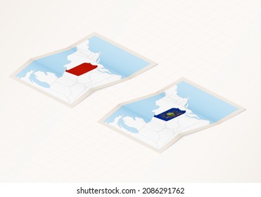 Dos versiones de un mapa doblado de Pensilvania con la bandera del país de Pensilvania y con el color rojo resaltado. Conjunto de mapas vectoriales isométricos.