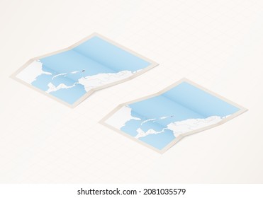 Two versions of a folded map of Puerto Rico with the flag of the country of Puerto Rico and with the red color highlighted. Set of isometric vector maps.
