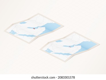 Two versions of a folded map of Qatar with the flag of the country of Qatar and with the red color highlighted. Set of isometric vector maps.