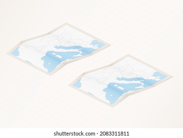 Two versions of a folded map of San Marino with the flag of the country of San Marino and with the red color highlighted. Set of isometric vector maps.