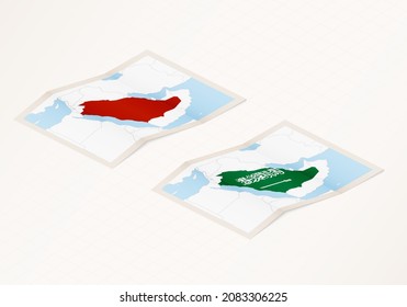 Two versions of a folded map of Saudi Arabia with the flag of the country of Saudi Arabia and with the red color highlighted. Set of isometric vector maps.