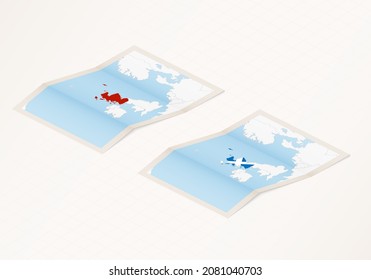 Two versions of a folded map of Scotland with the flag of the country of Scotland and with the red color highlighted. Set of isometric vector maps.