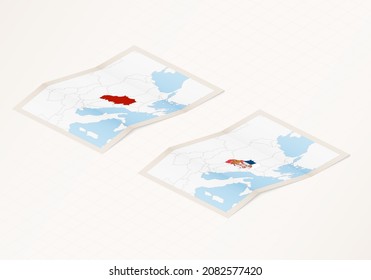 Two versions of a folded map of Serbia with the flag of the country of Serbia and with the red color highlighted. Set of isometric vector maps.