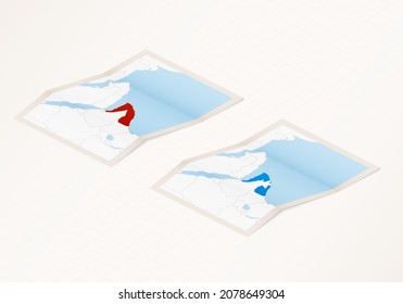 Two versions of a folded map of Somalia with the flag of the country of Somalia and with the red color highlighted. Set of isometric vector maps.