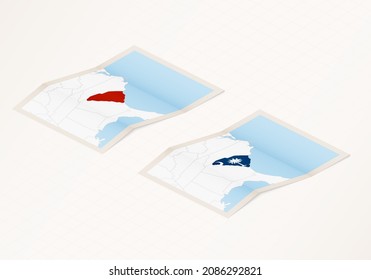 Two versions of a folded map of South Carolina with the flag of the country of South Carolina and with the red color highlighted. Set of isometric vector maps.