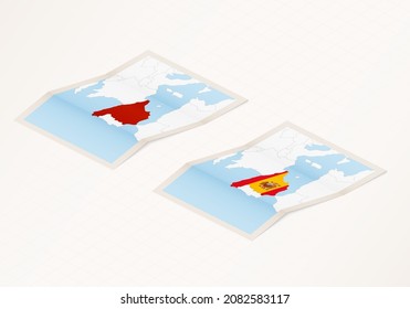 Two versions of a folded map of Spain with the flag of the country of Spain and with the red color highlighted. Set of isometric vector maps.
