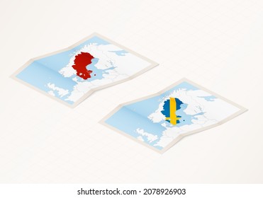 Zwei Versionen einer gefalteten Karte von Schweden mit der Flagge des Landes von Schweden und mit der roten Farbe hervorgehoben. Satz isometrischer Vektorkarten.