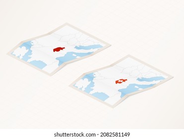 Two versions of a folded map of Switzerland with the flag of the country of Switzerland and with the red color highlighted. Set of isometric vector maps.