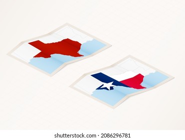 Two versions of a folded map of Texas with the flag of the country of Texas and with the red color highlighted. Set of isometric vector maps.