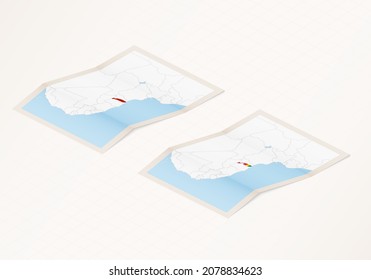 Dos versiones de un mapa doblado de Togo con la bandera del país de Togo y con el color rojo resaltado. Conjunto de mapas vectoriales isométricos.