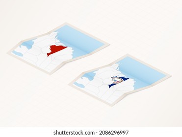 Two versions of a folded map of Virginia with the flag of the country of Virginia and with the red color highlighted. Set of isometric vector maps.
