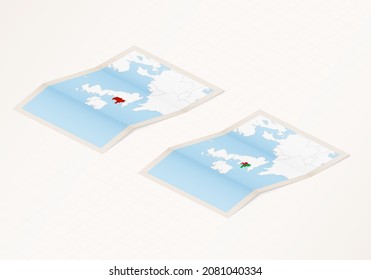 Two versions of a folded map of Wales with the flag of the country of Wales and with the red color highlighted. Set of isometric vector maps.