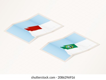 Two versions of a folded map of Washington with the flag of the country of Washington and with the red color highlighted. Set of isometric vector maps.